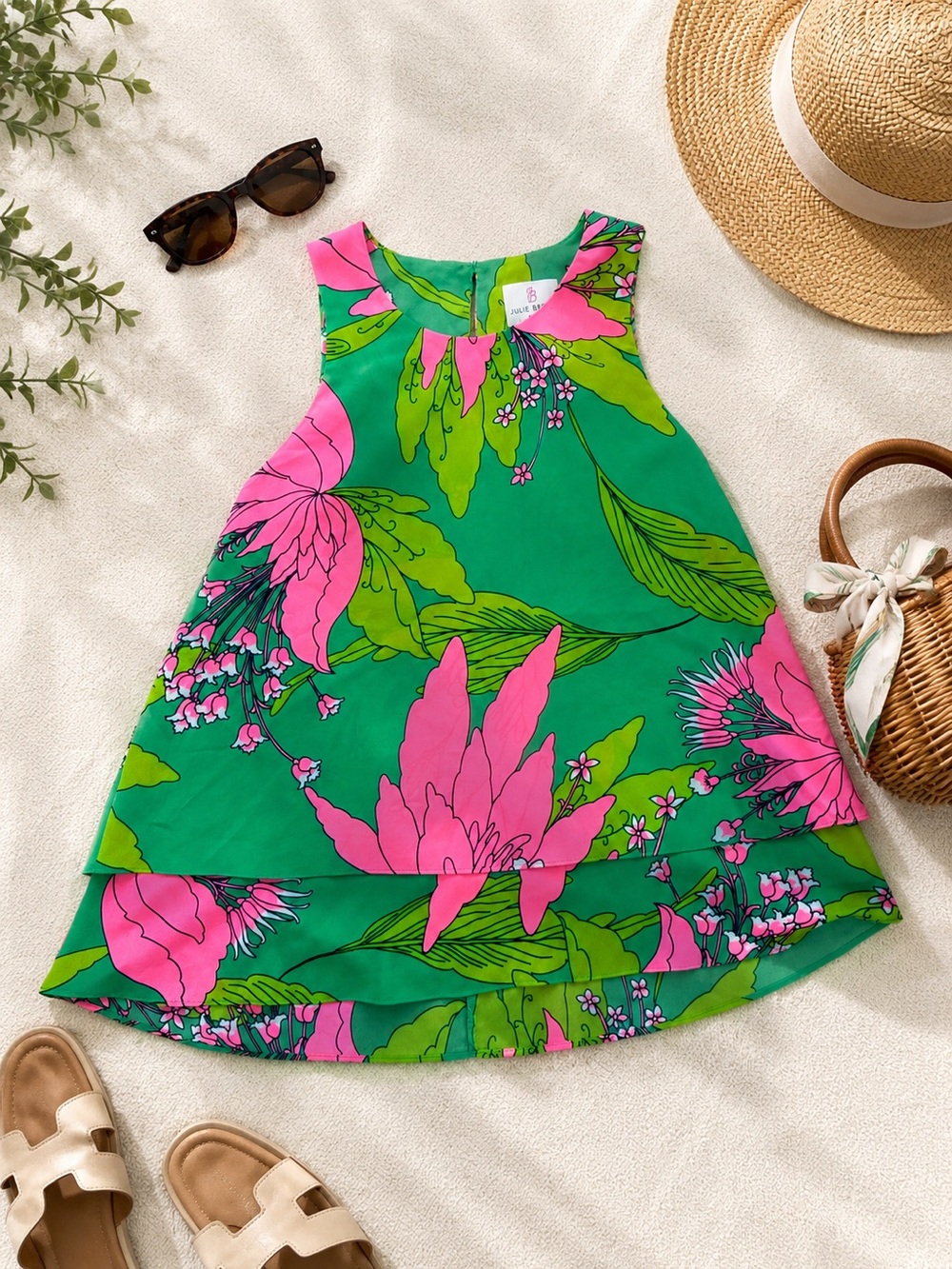 Julie Brown, Bright Green & Hot Pink Floral summer Blouse Small